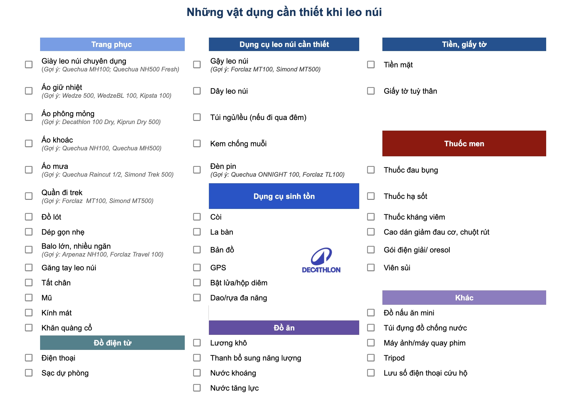 Checklist những vật dụng cần thiết cho chuyến leo núi