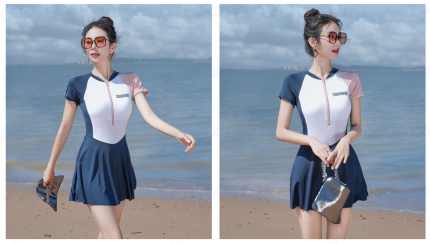 Đồ bơi đi biển 1 mảnh khóa kéo, chân váy xòe