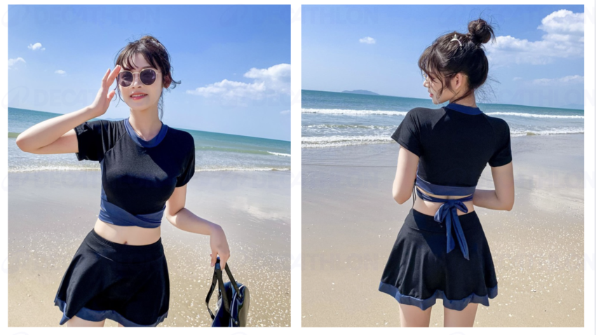 Đồ bơi nữ kín đáo dáng áo croptop chân váy xòe thắt nơ