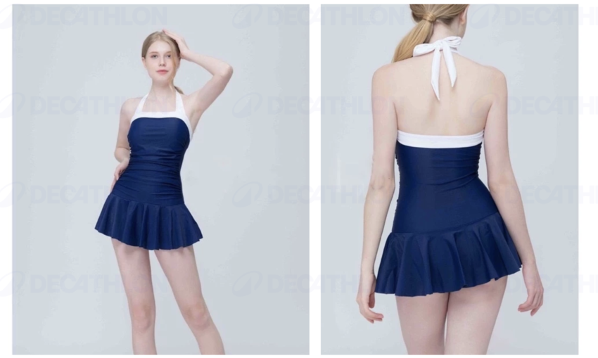Đồ bơi liền váy xanh navy cổ yếm