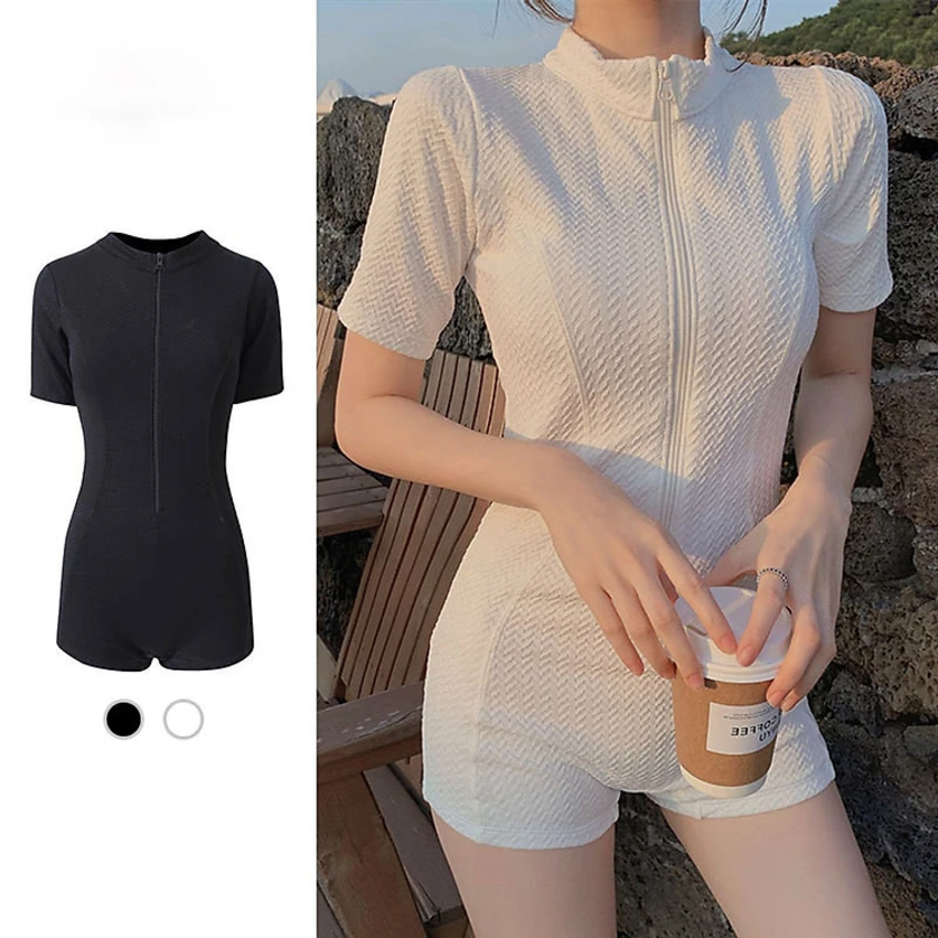 Bộ đồ bơi liền thân cộc tay có khóa kéo đen/trắng