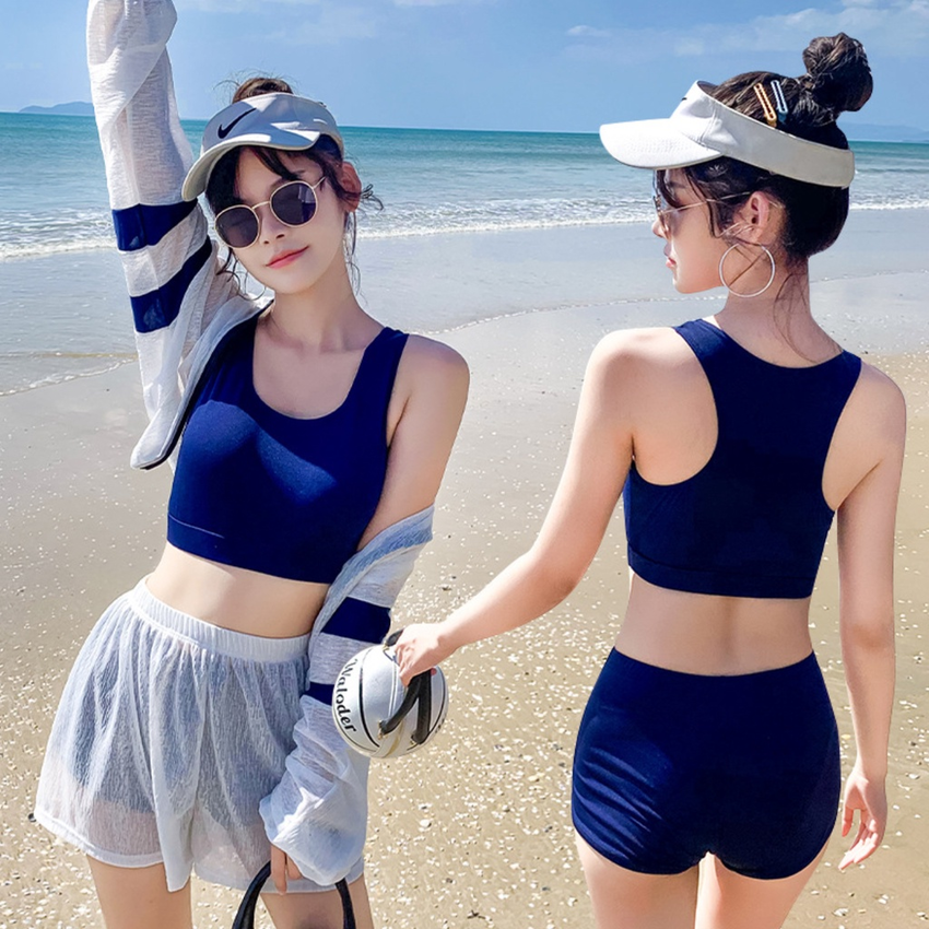 Set đồ bơi áo croptop kèm áo choàng xanh navy đi bơi, đi biển
