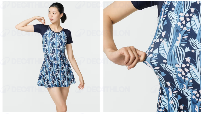 Đồ bơi một mảnh ngắn tay nữ có váy kín đáo - Una xanh dương/họa tiết hoa