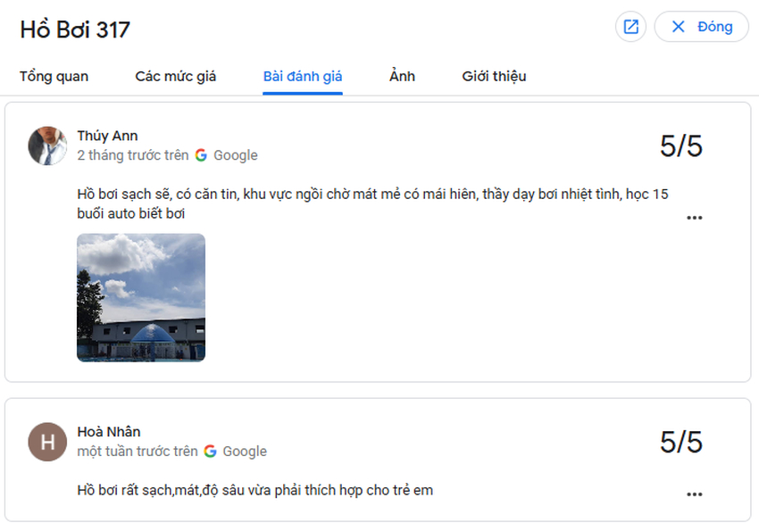 Khách hàng đánh giá hồ bơi sạch sẽ
