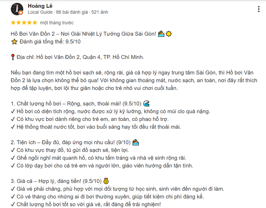 Khách hàng Hoàng Lê đánh giá cao về chất lượng hồ bơi