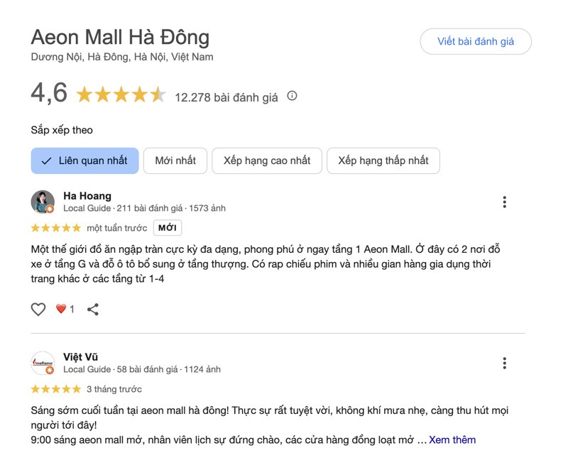 Đánh giá của du khách về Aeon Mall Hà Đông