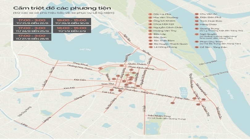 Lịch và bản đồ cấm đường từ 22/8 đến 2/9 chi tiết, chính xác nhất!