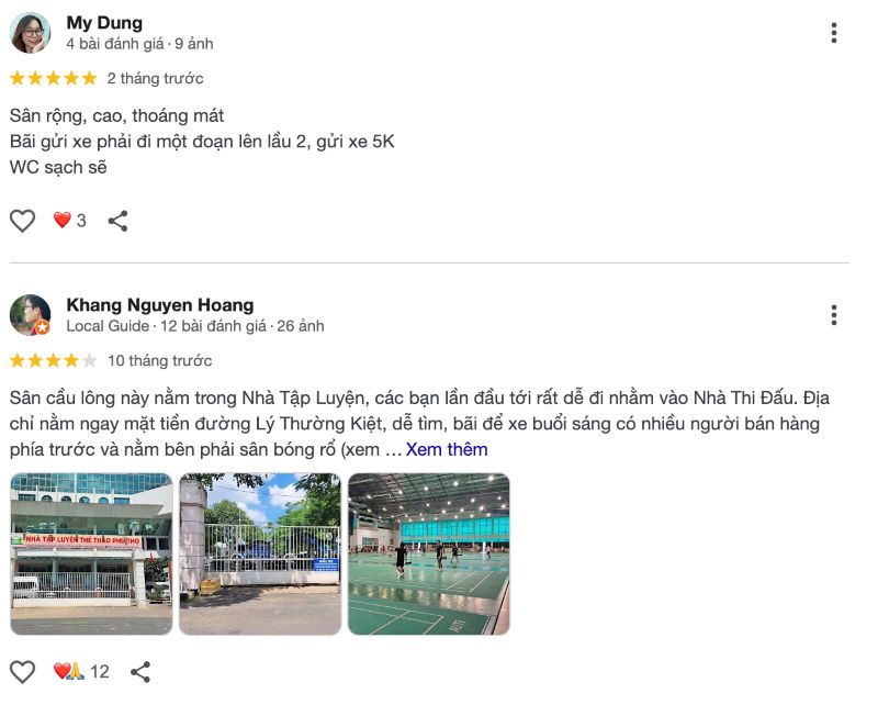 Đánh giá của người chơi về sân vị trí và tiện ích đi kèm sân - Nguồn: Internet