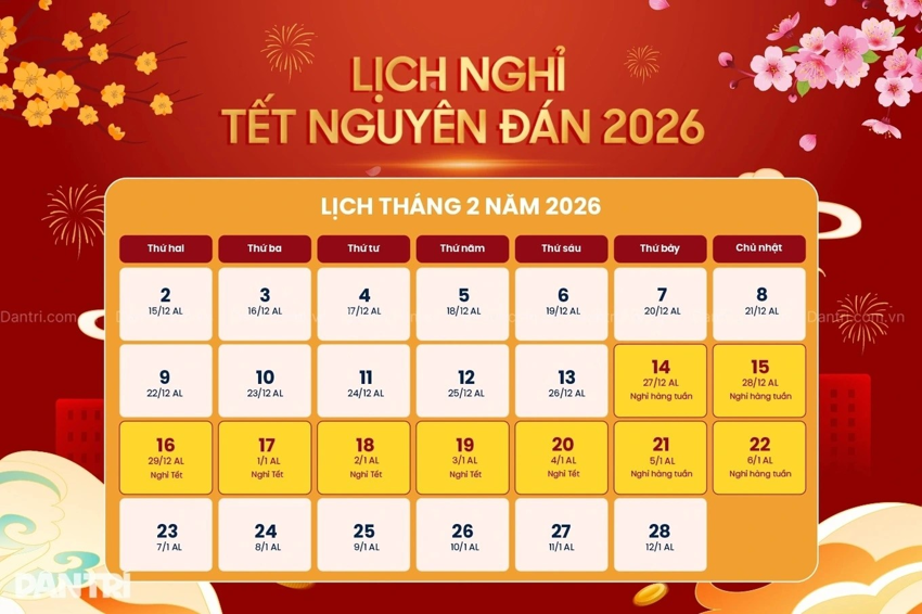 Lịch nghỉ Tết Âm lịch 2026 chính thức – 9 ngày liên tiếp