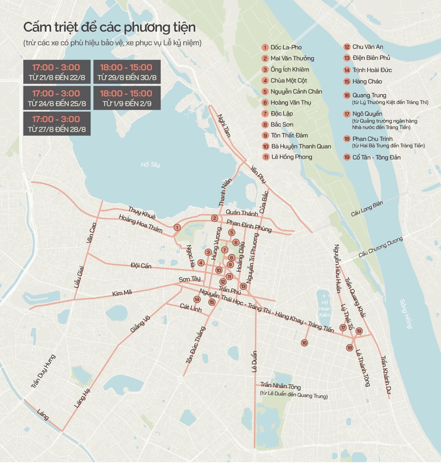 Map of completely closed routes in Hanoi for Sep 2nd – Source: Internet