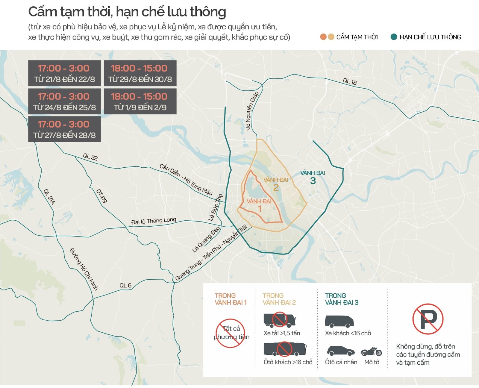 Map of vehicle closures and restrictions in Hanoi for Sep 2nd – Source: Internet