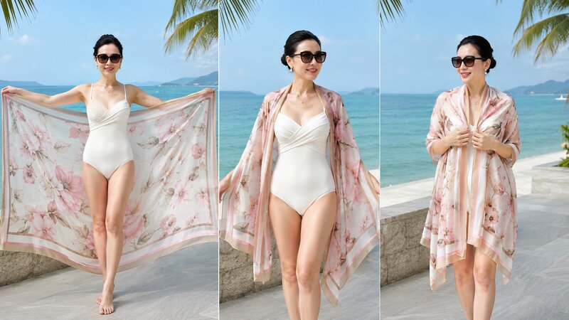 Khoác khăn đi biển qua vai mang lại vẻ thanh lịch, tối giản và phù hợp với nhiều độ tuổi.