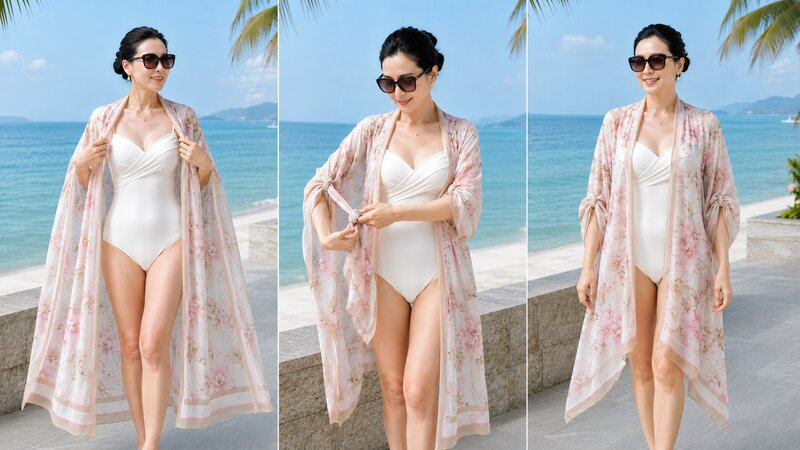 Biến khăn đi biển thành áo khoác Kimono giúp che nắng hiệu quả, đồng thời tạo vẻ ngoài nhẹ nhàng và thanh lịch.