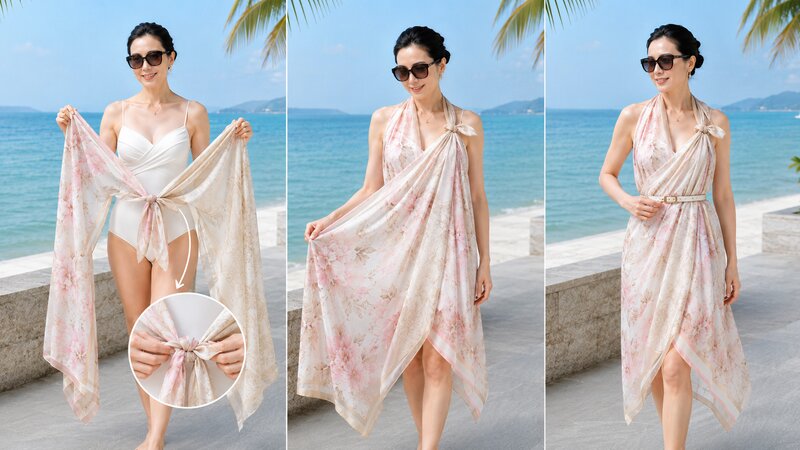 Kết hợp khăn đi biển với thắt lưng giúp tổng thể trang phục có điểm nhấn, phù hợp khi dạo biển hoặc chụp ảnh nghỉ dưỡng.