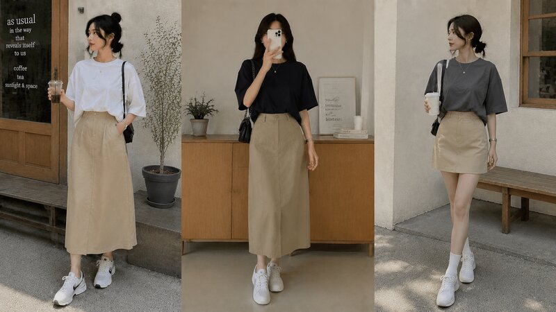Cực kỳ đứng form và khỏe khoắn với combo áo phông rộng và chân váy kaki.