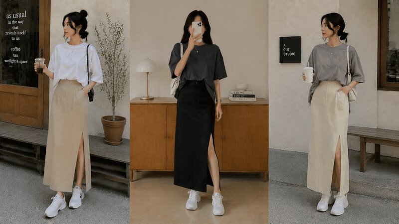 Khoe khéo đôi chân dài khi phối áo phông rộng cùng chân váy dài xẻ tà bên hông.