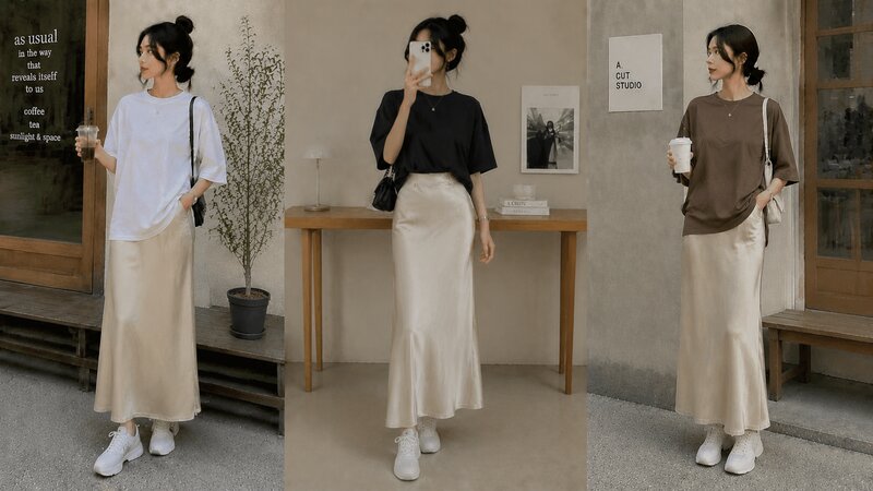 Tinh tế và sang trọng khi mix áo phông cotton rộng cùng chân váy lụa satin suông.