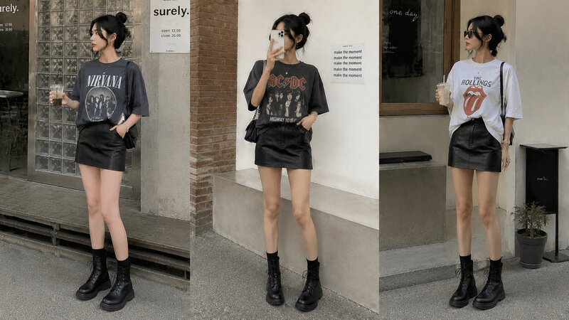 Nổi loạn và thời thượng với outfit áo phông rộng họa tiết và chân váy da ôm.