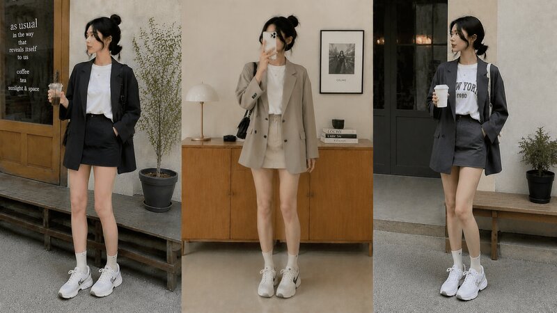 Công thức layer hoàn hảo cho ngày se lạnh với áo phông, chân váy ngắn và blazer.