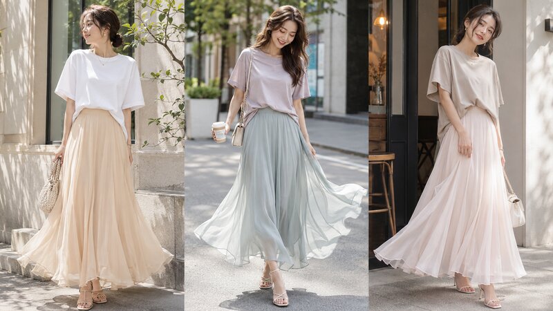 Thướt tha, phóng khoáng khi kết hợp áo phông rộng cùng chân váy dài dáng xòe vải voan.