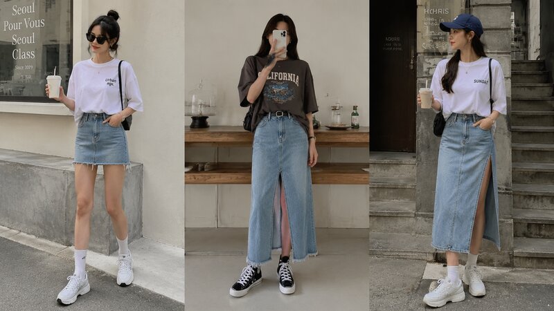 Cá tính và bụi bặm khi bắt cặp áo phông rộng với chân váy jeans xẻ tà thời thượng.