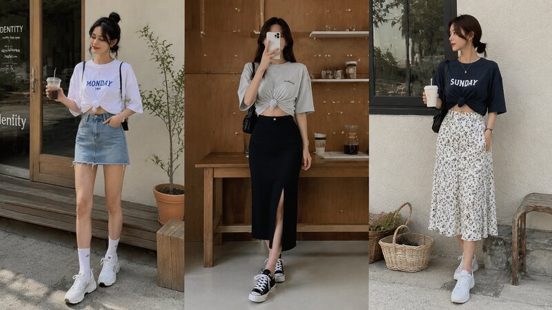 Biến tấu thắt nút áo phông rộng thành dáng croptop diện cùng chân váy cạp cao.