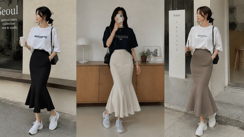 Nữ tính nhưng không kém phần năng động cùng áo phông oversize và chân váy đuôi cá.
