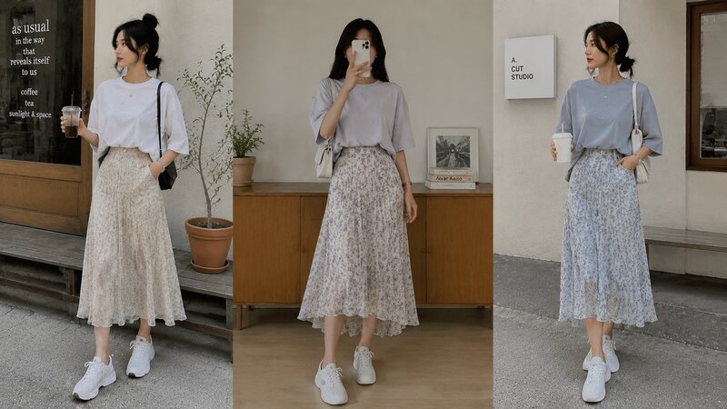 Giảm bớt độ điệu đà, tăng phần hiện đại khi mix áo phông rộng cùng chân váy hoa nhí.