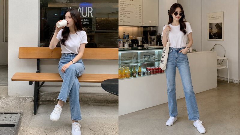 Phối áo phông cổ tròn cùng quần jean ống đứng - Nguồn: Internet