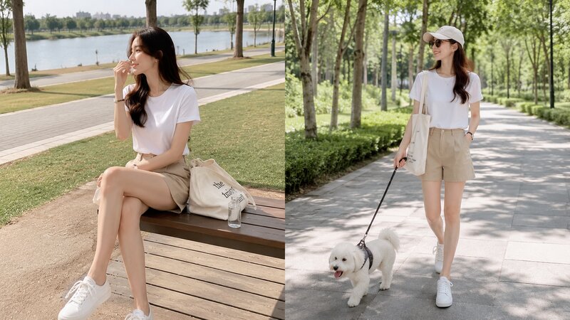 Phối áo phông cổ tròn với quần short kaki - Nguồn: Internet