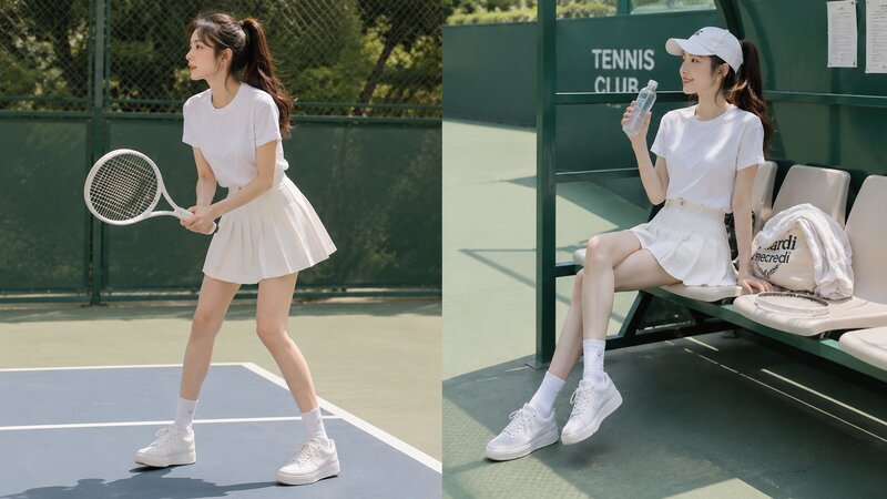 Phối áo phông cổ tròn mix chân váy tennis - Nguồn: Internet