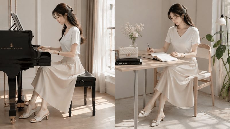 Phối áo phông cổ tim cùng chân váy midi - Nguồn: Internet