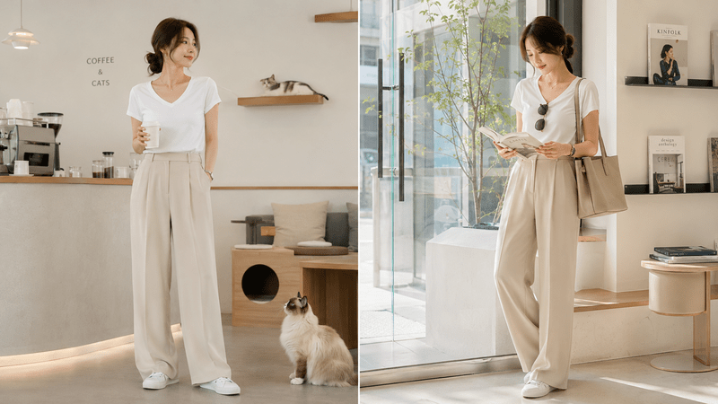 Phối áo phông cổ tim mix quần ống rộng - Nguồn: Internet