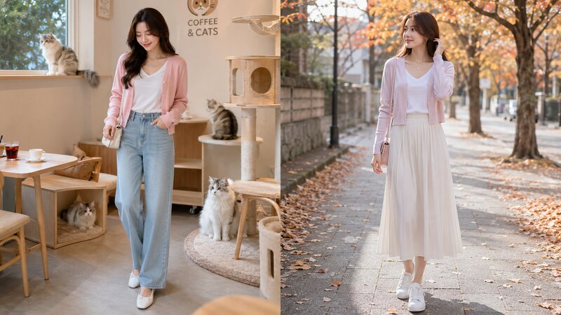 Phối áo phông cổ tim với áo cardigan - Nguồn: Internet