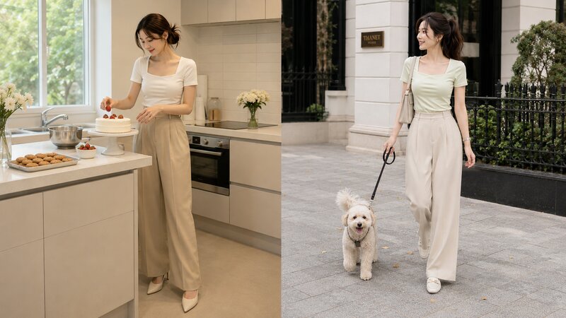 Phối áo phông cổ vuông cùng quần tây baggy - Nguồn: Internet