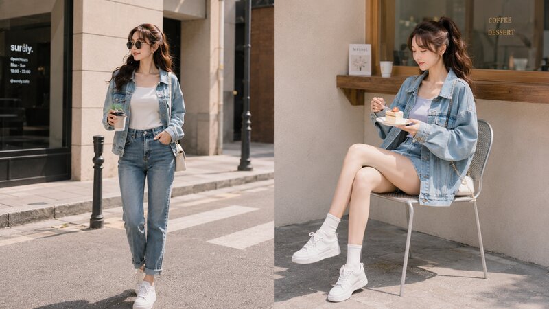 Phối áo phông cổ vuông với áo khoác denim - Nguồn: Internet