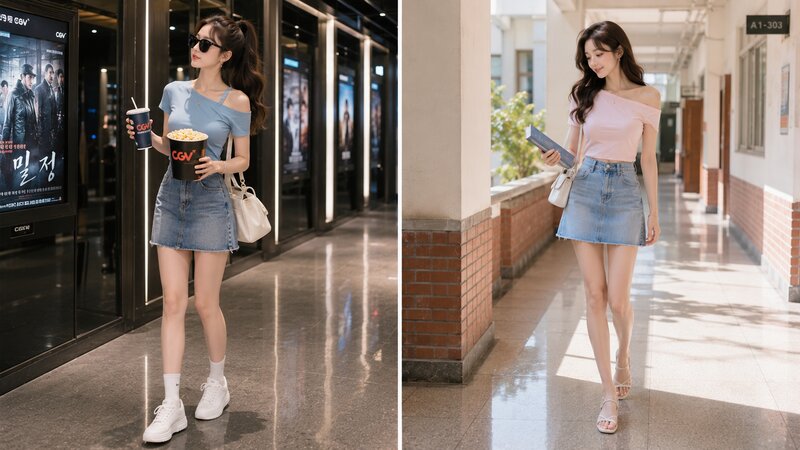 Phối áo phông lệch vai và chân váy jean - Nguồn: Internet