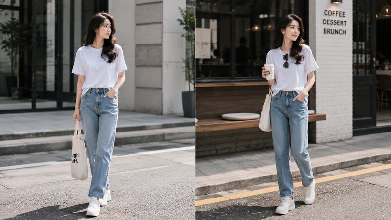 Phối áo phông trắng với quần jeans ống suông - Nguồn: Internet