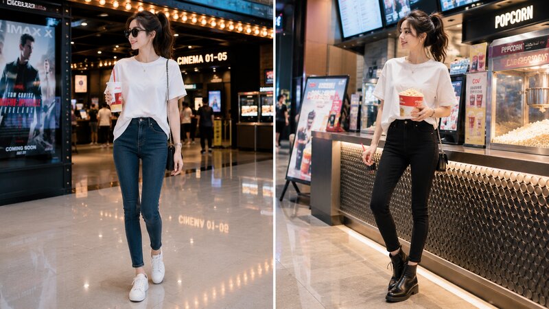 Phối áo phông trắng cùng quần skinny jean - Nguồn: Internet