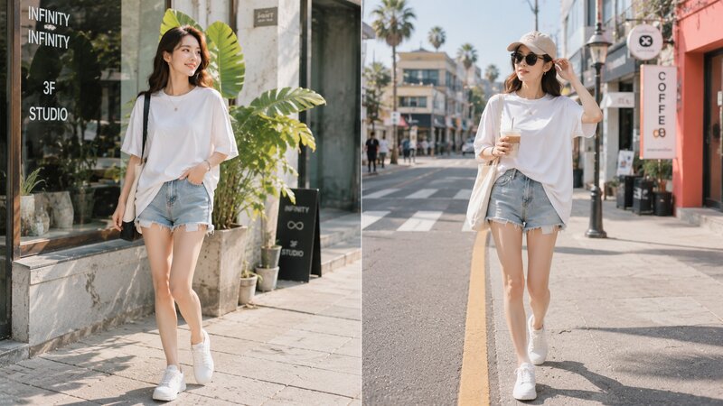 Phối áo phông trắng oversize mix short jeans - Nguồn: Internet