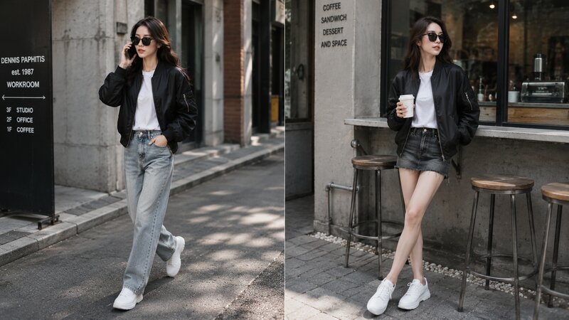 Phối áo phông trắng kết hợp bomber jacket - Nguồn: Internet