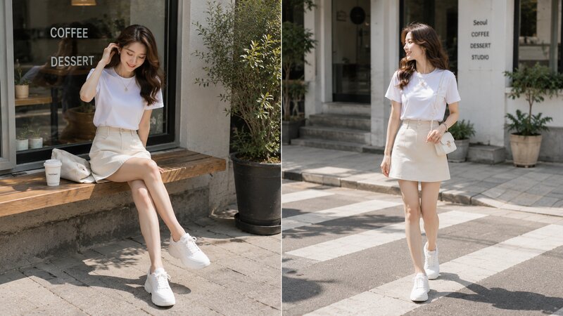 Phối áo phông trắng mix chân váy chữ A - Nguồn: Internet