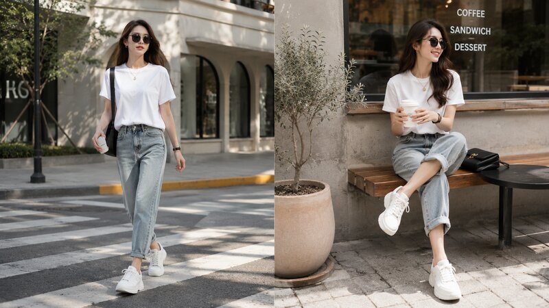 Phối áo phông trắng cùng sneakers - Nguồn: Internet