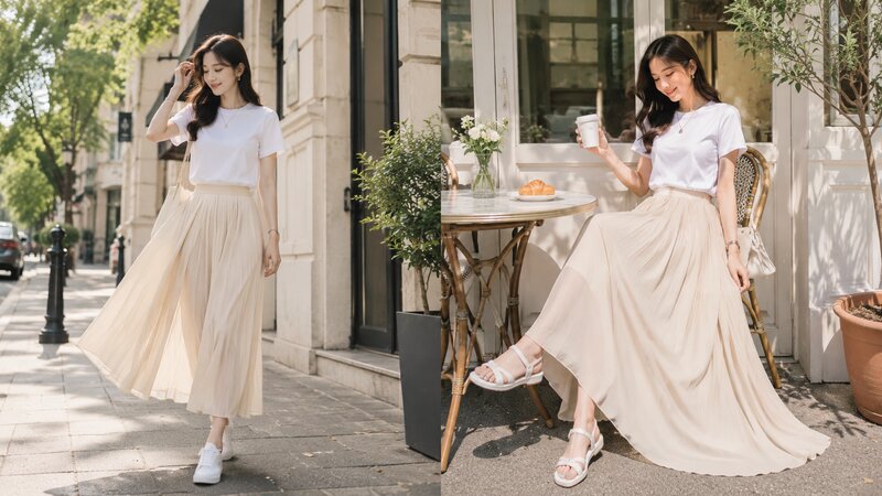 Phối áo phông trắng và chân váy maxi - Nguồn: Internet