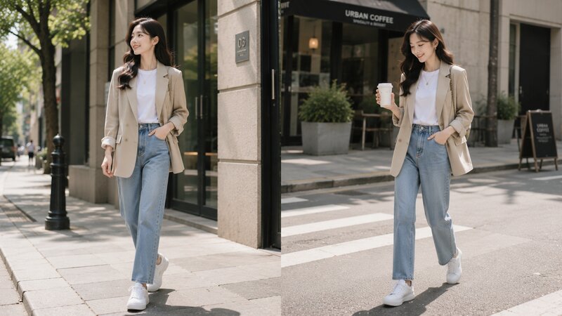 Phối áo phông trắng và blazer - Nguồn: Internet