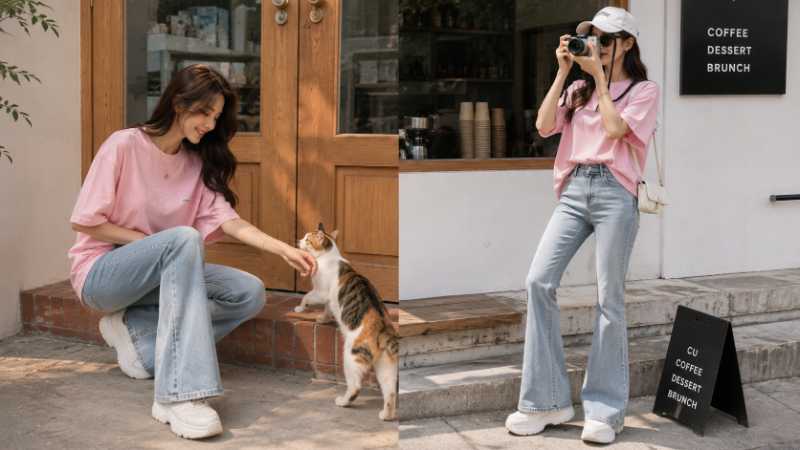 Cách phối quần ống loe với áo phông oversize - Nguồn: Internet