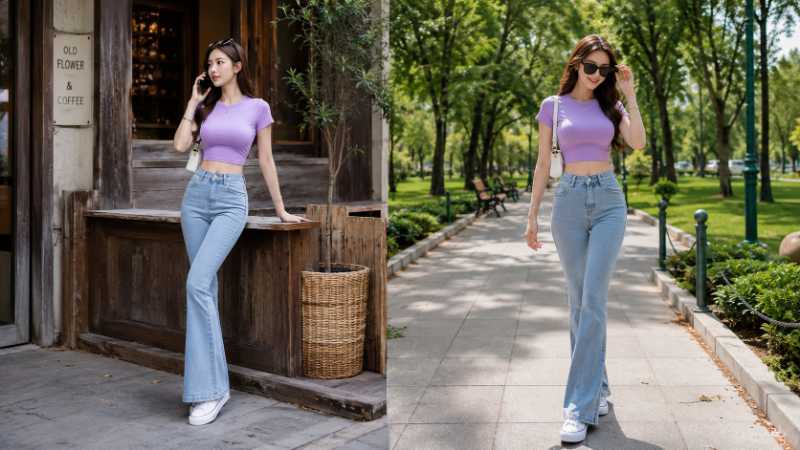 Cách phối quần ống loe cạp cao với áo phông croptop - Nguồn: Internet