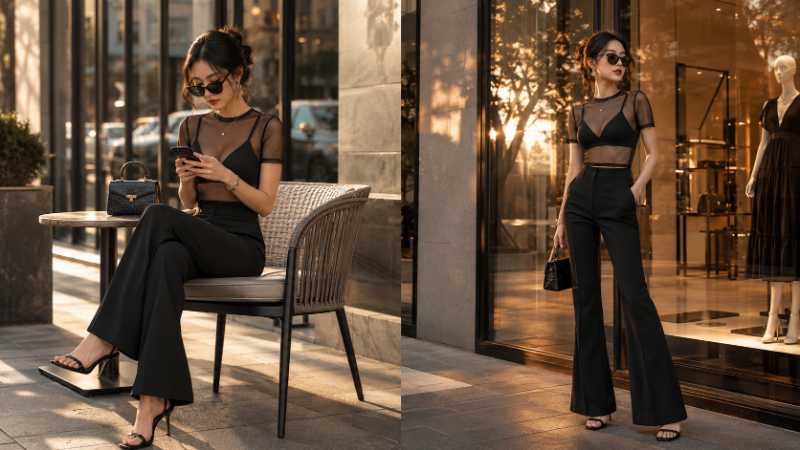 Cách phối quần ống loe với áo phông xuyên thấu mỏng mặc ngoài bra - Nguồn: Internet
