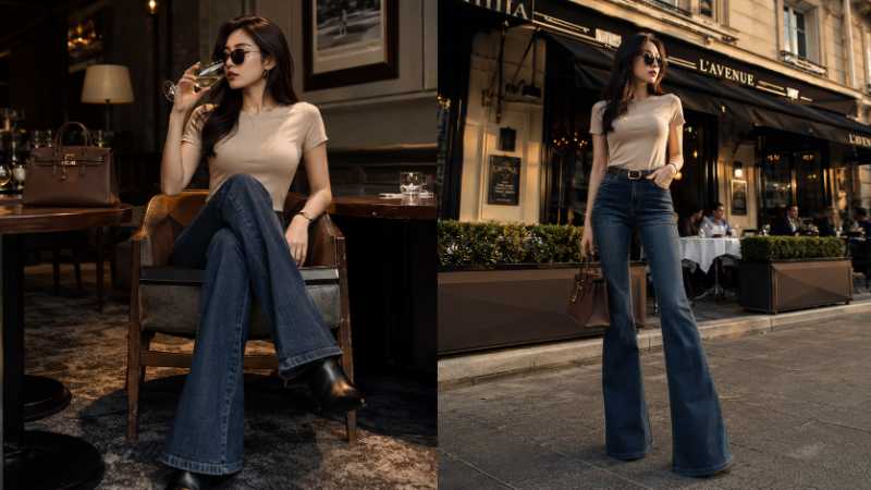 Cách phối quần ống loe với áo phông cùng giày boots mũi nhọn - Nguồn: Internet
