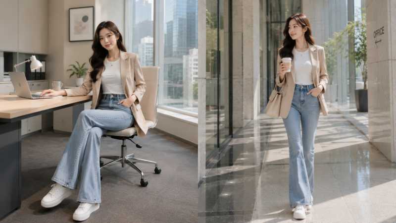 Cách phối quần ống loe với áo phông cùng áo khoác blazer - Nguồn: Internet 